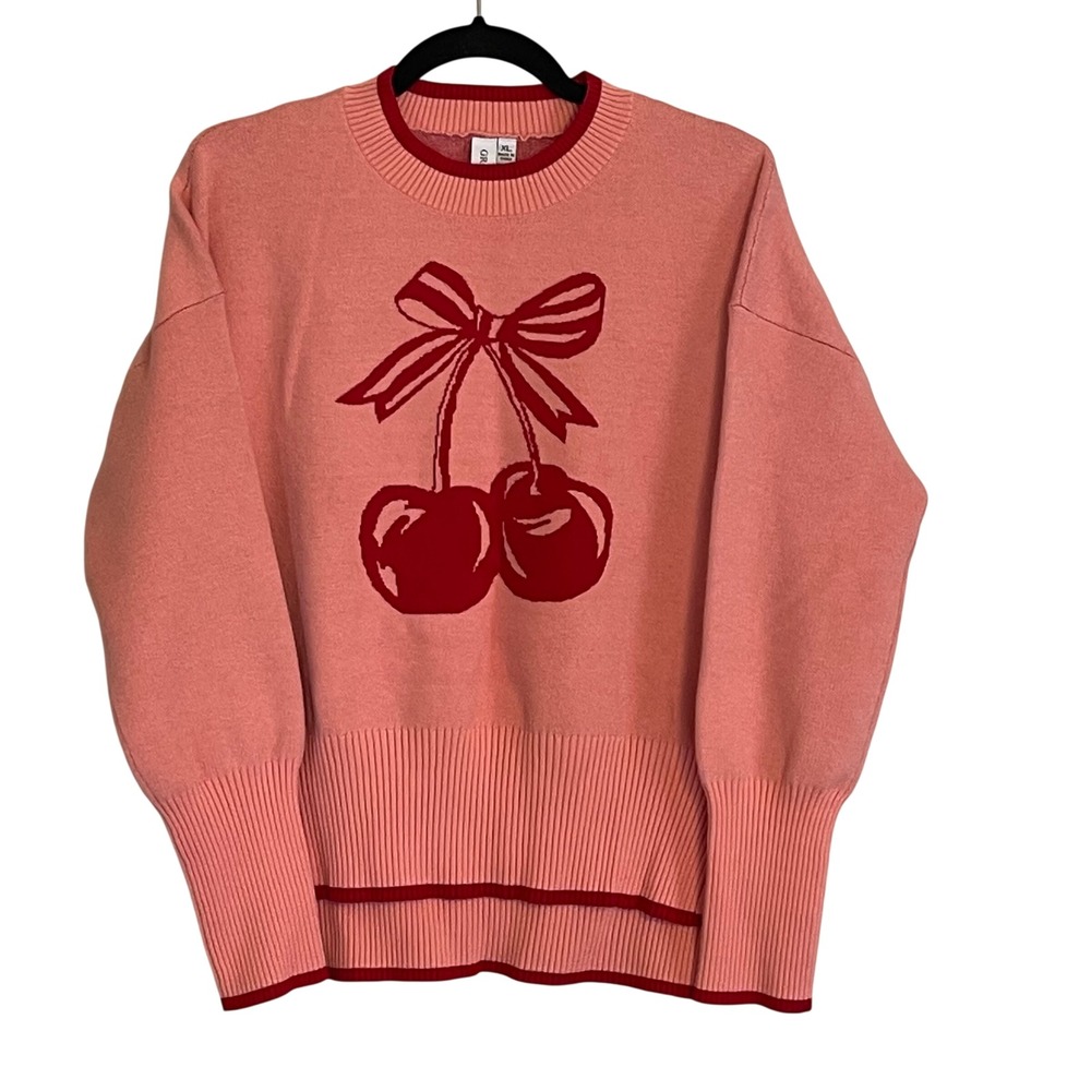Grace + Karma Pink Cherry Bow Intarsia Knit Sweater XL Relaxed High-Low Pullover